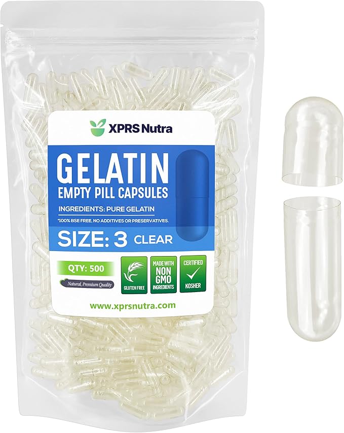 XPRS Nutra Size 3 Empty Capsules - 500 Count Empty Gelatin Capsules - Clear Empty Pill Capsules - DIY Capsule Filling - Pure Bovine Pill Capsules Empty Gel Caps
