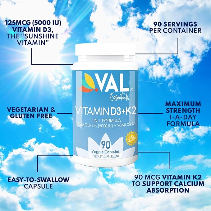 VAL Essentials Vitamin K2 + D3 Supplement 5000 IU D3 & 90 mcg K2 MK-7, MK-7, Non-GMO, 90 Vegetarian