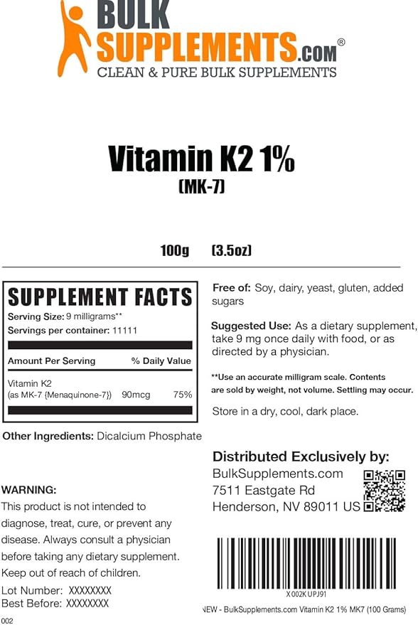 BulkSupplements.com Vitamin K2 Powder K2 MK-7, MK-7, as K2 Vitamin 9mg per 100g (3.5 (3.5 oz) 1)