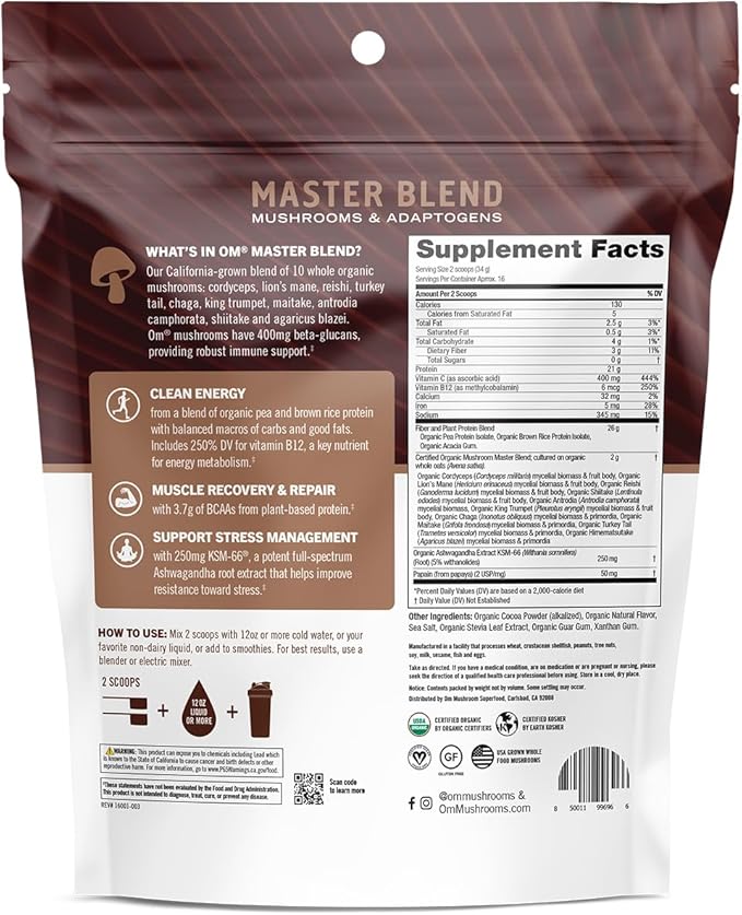 OM MUSHROOM SUPERFOOD Master Blend Plant-Based Protein Powder, 19.26 Ounce, 16 Servings, Creamy Chocolate Protein with 10 Mushroom Complex, Lions Mane, Adaptogens for Optimal Health and Recovery