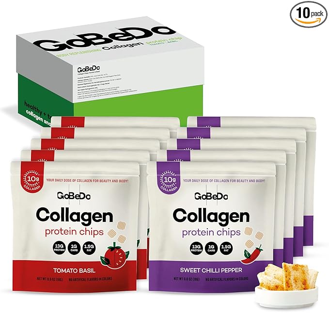 10-Pack Collagen Protein Chips - Sweet Chilli Pepper & Tomato Basil Flavors - 13g Protein Per Bag, GMO-Free, Gluten-Free, Tasty Savory Collagen Protein Snack