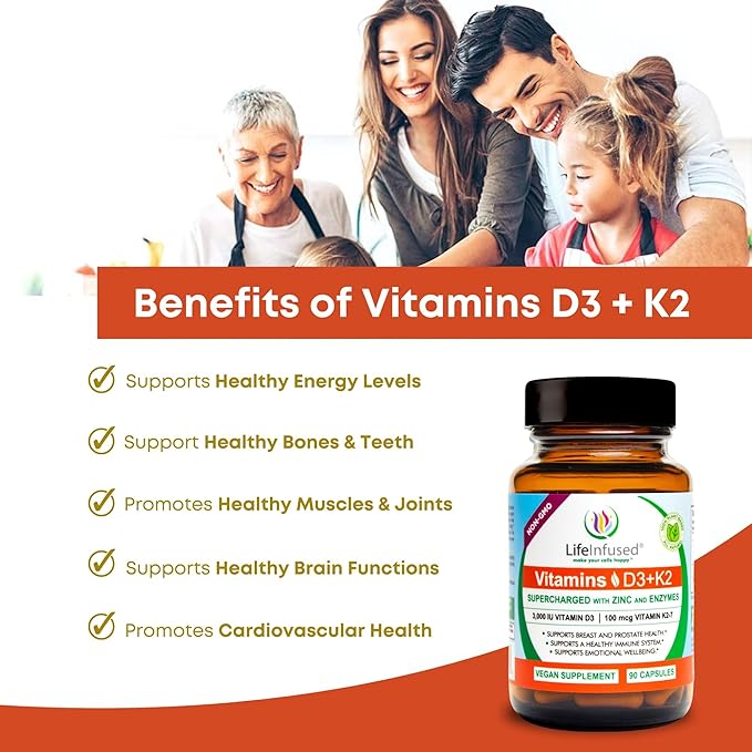 Life Infused Vitamin D3 + K2 Supercharged with Zinc and Enzymes, Help Maintain Healthy Immune System, Bone Health, Emotional Wellbeing, 90 Capsules.