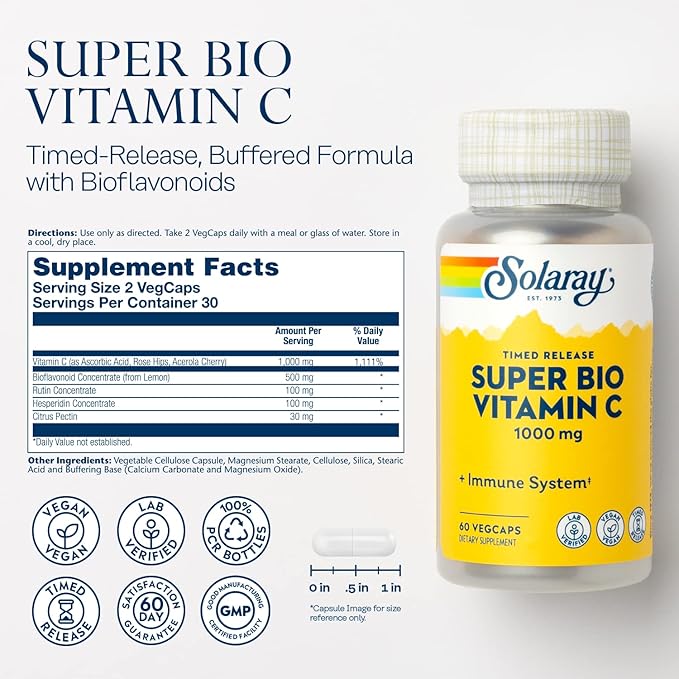 SOLARAY Super Bio Vitamin C 1000mg, 60 Day 30 Servings, 60 VegCaps