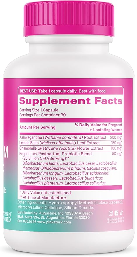 Pink Stork Probiotics for Postnatal Women - 30 Billion CFUS with Ashwagandha and Chamomile, Postpartum Essentials for Hormone Balance, Mood Support, Gut Health, Digestive Wellness, 30 Capsules