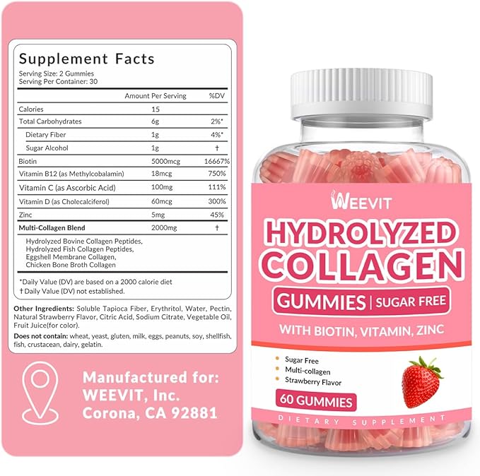 Sugar Free Collagen Gummies for Women, 2000mg Protein 5000mcg Biotin B12, Hydrolyzed