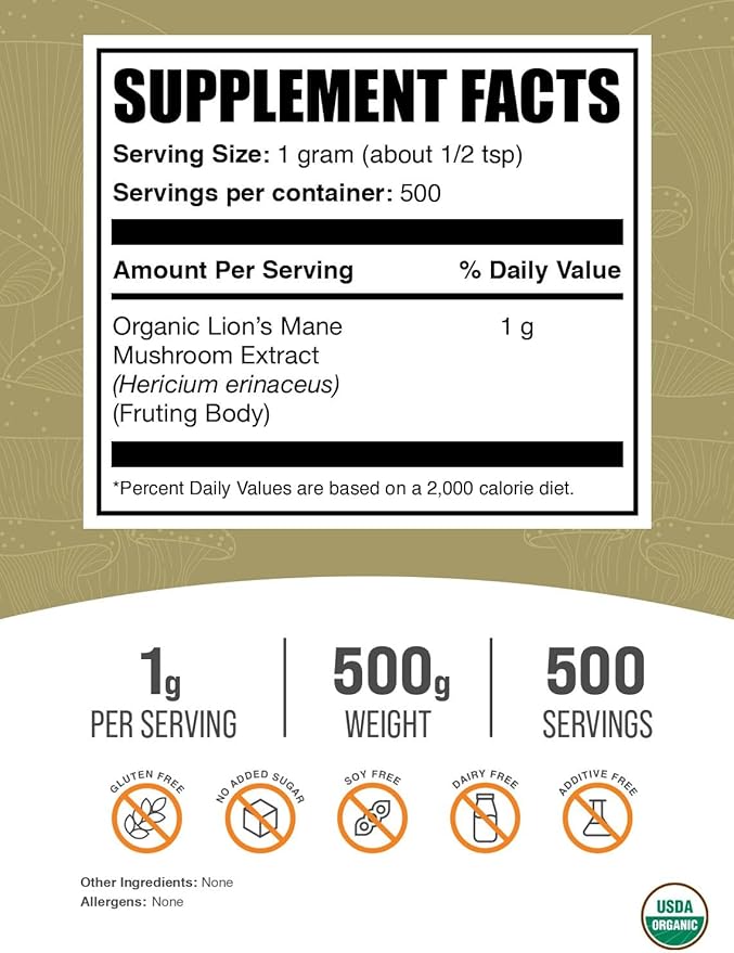 BulkSupplements.com Organic Lion's Mane Mushroom Extract Powder - Lions Mane Supplement Powder, Lion's Mane Extract - Mushroom Supplement, 1000mg per Serving, 500g (1.1 lbs) (Pack of 1)