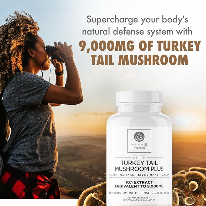 DR. EMIL NUTRITION Turkey Tail Mushroom Capsules - Turkey Tail Mushroom Supplement for Immunity & Gut Health - Elite Formula with Lion's Mane, Chaga, Reishi & Maitake