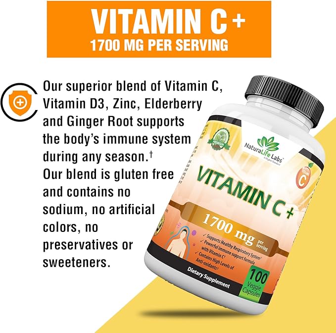 Vitamin C 1,700 MG with Vitamin D3, Zinc, 100 veggie