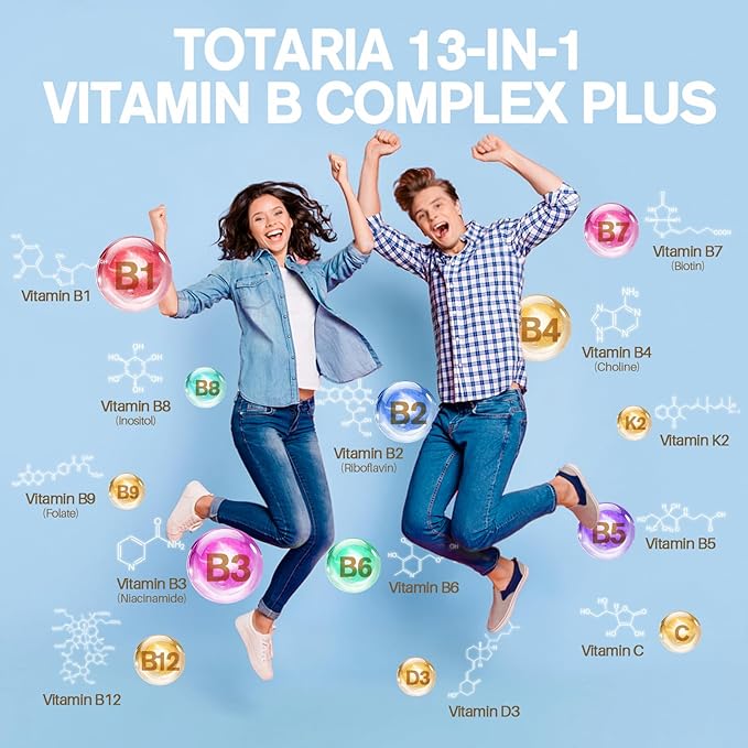 13-in-1 Vitamin B Complex Plus B1, B2, B2, B3 B3 (Niacinamide), B4, B5, B5, B6, B6, B7 B7 (Biotin), B8 (Inositol), B9 (Folate), B12, C, D3, K2 K2 - 120 Vegan