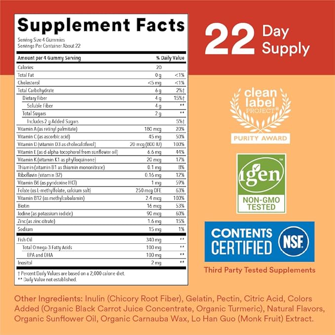 SmartyPants Kids Multivitamin Gummies and Fiber 3 Fish D3, C, B12, B6, B6, Vitamin 90 Count (22 Day