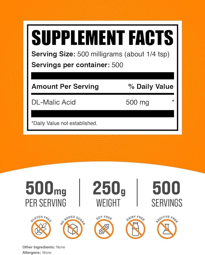 BulkSupplements.com Malic Acid Powder - Malic Acid Supplement, Malic Acid Powder Food Grade - for Energy & Skin Support, Gluten Free - 500mg per Serving, 250g (8.8 oz)
