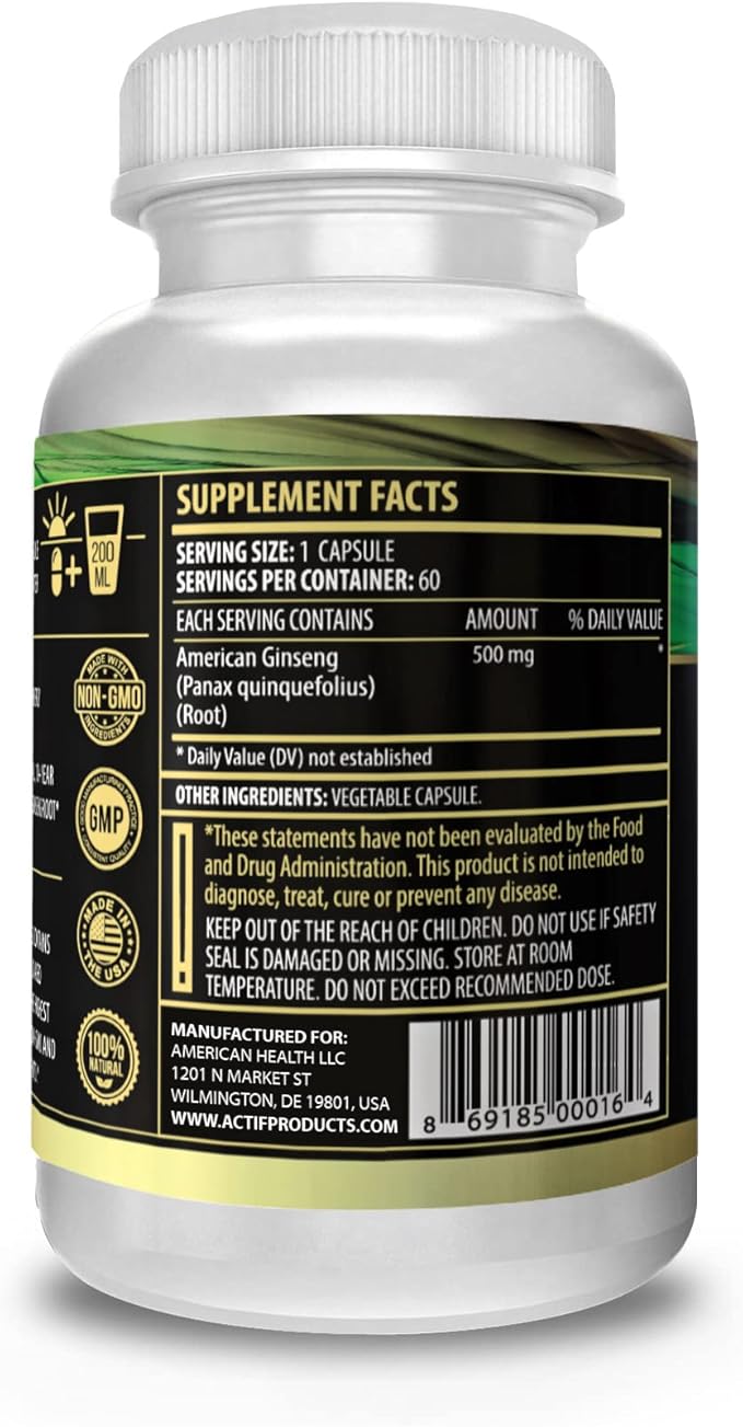 Actif American Ginseng 100% Authentic 10 Year 500mg -