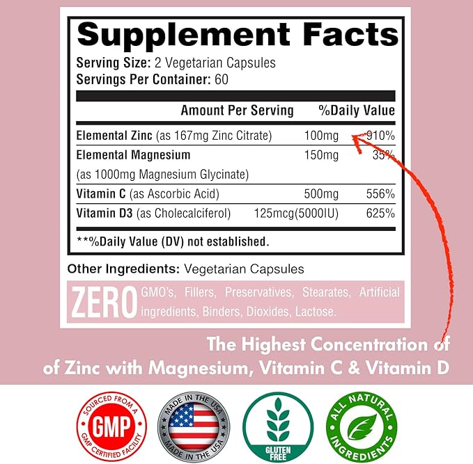 Zinc, Zinc 100mg, Magnesium Glycinate 150mg, D3 5000 5000 IU, 500mg Per