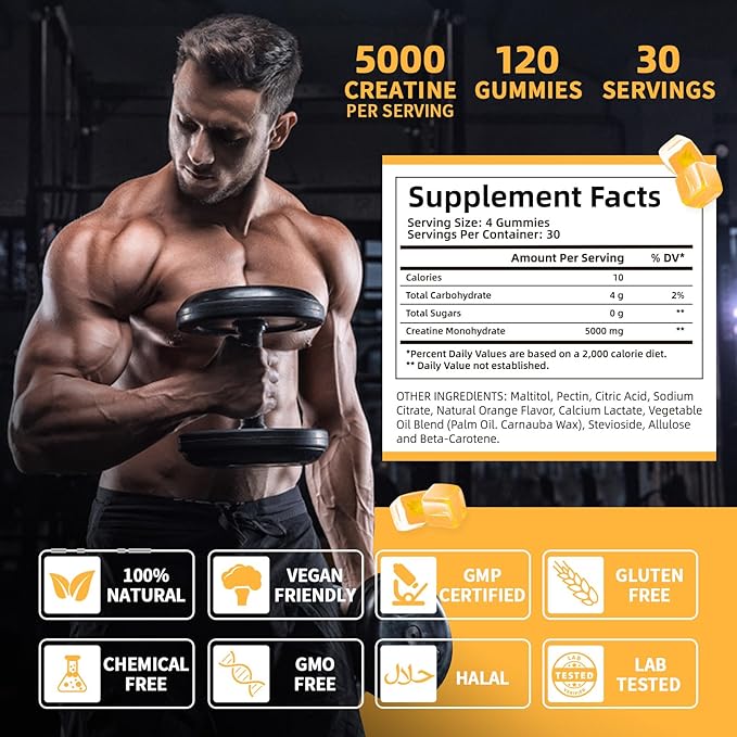 Creatine Monohydrate Gummies for Men Women - Vegan Creatine Supplement Gummies 5000mg Chewable for Muscle Strength Growth Recovery, Lab Tested Preworkout Gummies Sugar Free Orange Flavor 120ct