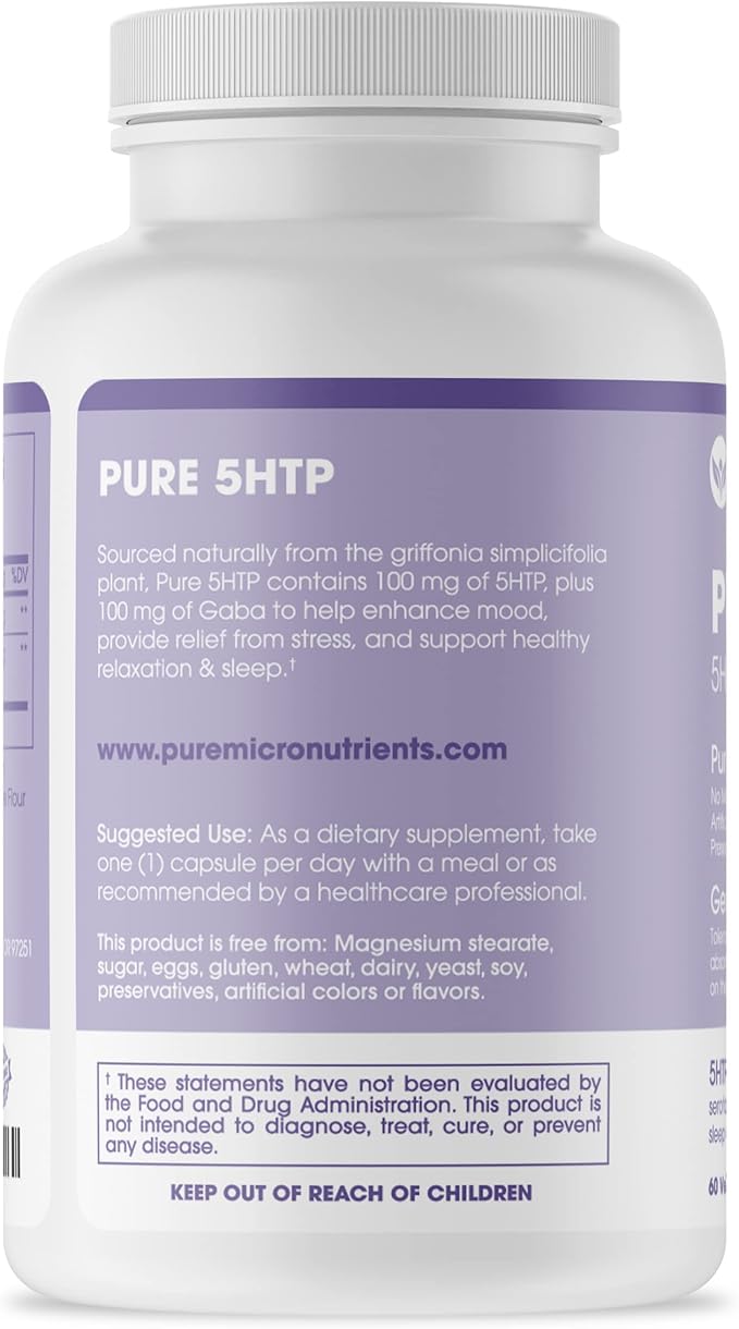 Pure 5-HTP (5-Hydroxytryptophan) Plus GABA Supplement 60 Veggie