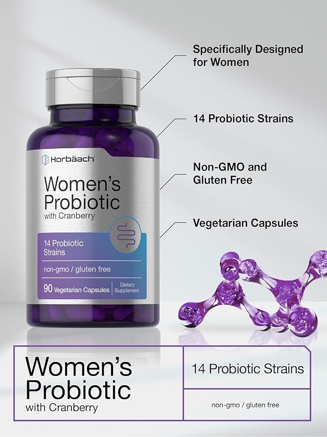 Horbaach Probiotic for Women with Cranberry | 90 Capsules | 14 Probiotic Strains | Non-GMO, Gluten Free Supplement