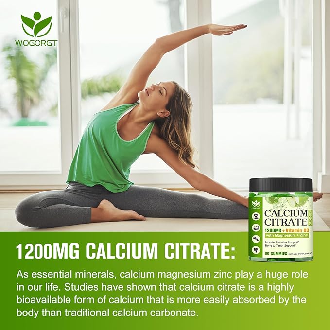 Calcium Citrate 1200mg with Vitamin D3 Supplement for Women and Men - Chewable Calcium Magnesium Zinc D3 K2 Gummies Supplement for Bone, Teeth, Immune Support, Apple Flavor - 60 Gummies