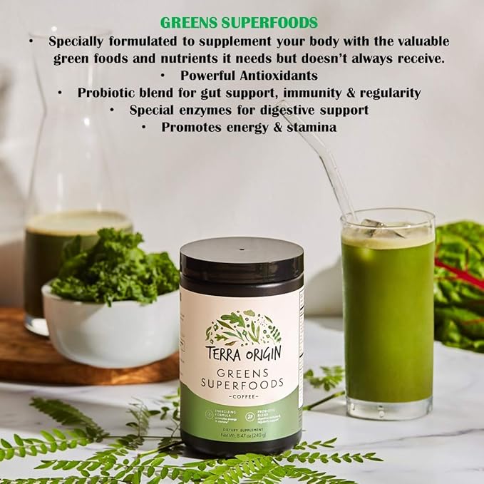 Greens Powder Immune Defense and Digestive Support | Probiotics, Organic Vegetables, Digestive Enzymes | Non-GMO, Gluten-Free, Vegan | Three 30 Serving tubs | Coffee Flavor