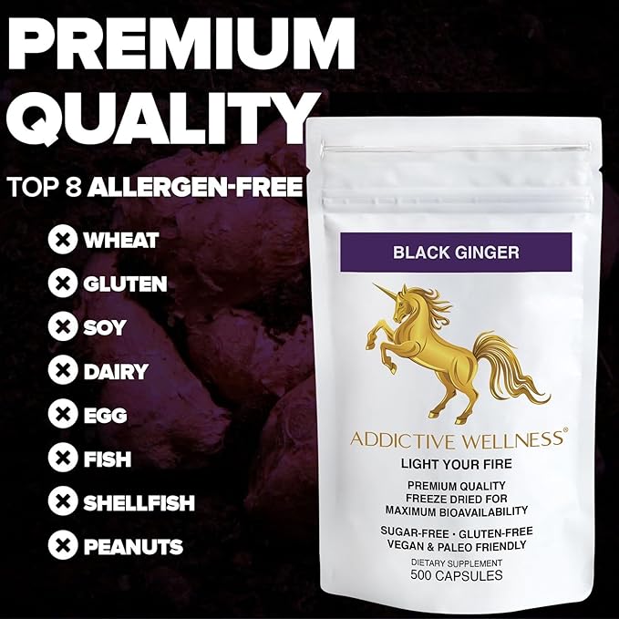 Addictive Wellness Thai Black Ginger for Men, Thai Black Ginger Supplement to Support Energy Metabolism, Endurance & Performance, Freeze Dried Black Ginger Capsules 450mg, Vegan & Paleo, 500 Count