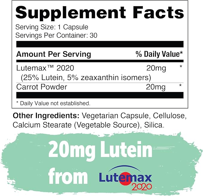Yuve Lutein Zeaxanthin Supplement, Lutein 20mg, Lutemax2020, Eye 30 Vegan