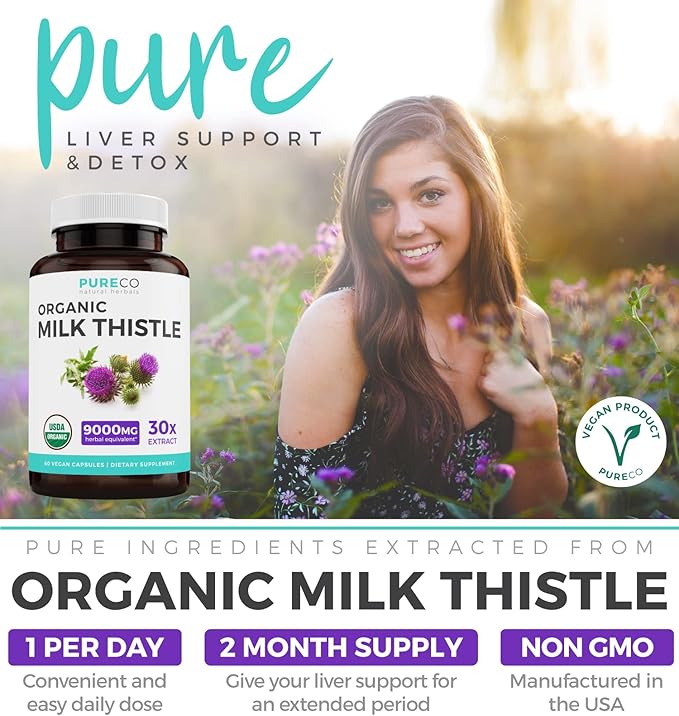 USDA Organic Milk Thistle Capsules 80% Silymarin 300mg of 30:1 Milk 9,000mg - 60 Day