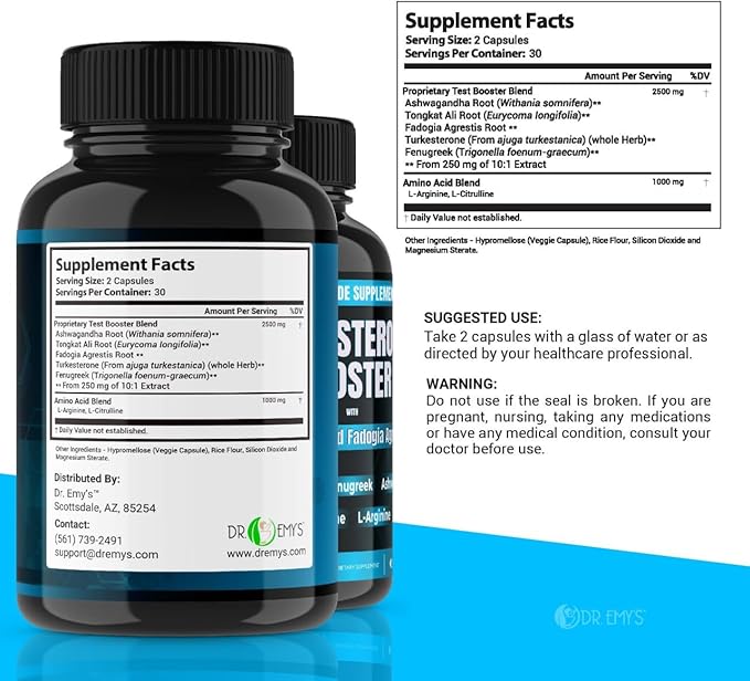 Dr. Emy's (2 Pack Testosterone Booster-Tongkat Ali Fadogia Agrestis Nitric Oxide Ashwagandha Supplement for Men with L Arginine Citrulline Fenugreek - Turkesterone Pre Workout Pump (120 Capsules)