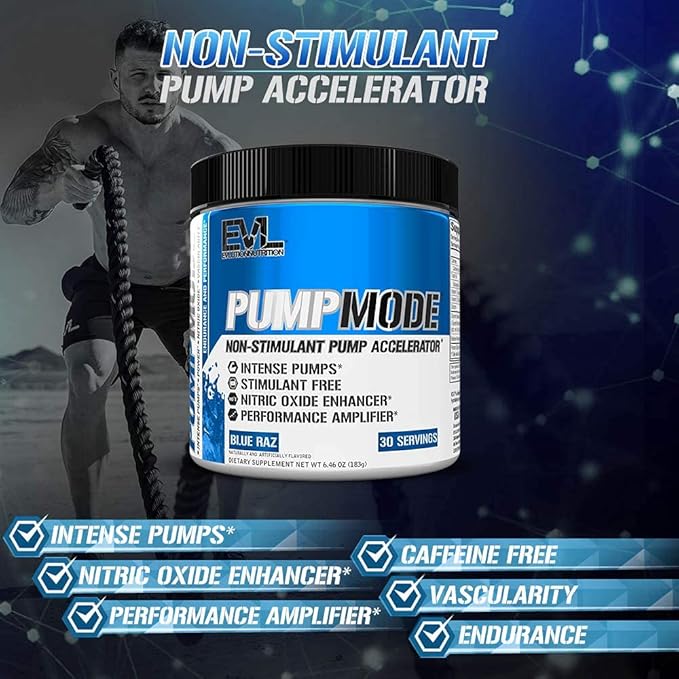 EVL PumpMode Nitric Oxide Supplement - Nitric Oxide Booster Pump Pre Workout Powder with Glycerol and Betaine for Muscle Recovery Growth and Endurance - Stim Free Pre Workout Drink (Blue Raz)
