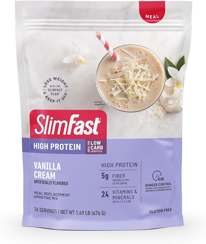 SlimFast High Protein Meal Replacement Powder, 26 Servings, Advanced Nutrition Smoothie Mix with Vitamin and Mineral Blend, Gluten Free, Vanilla Cream, 1.53 Pounds