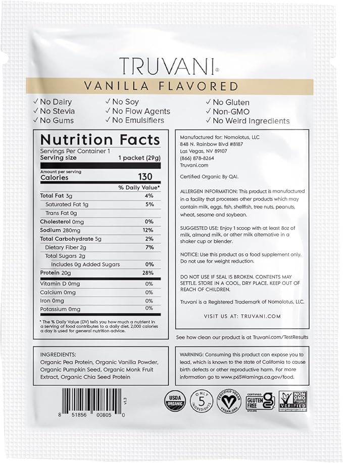 Truvani Vegan Pea Protein Powder 20g Organic 1 Serving