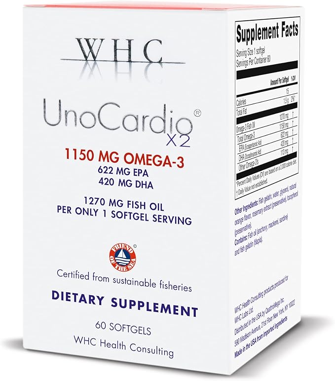 UnoCardio X2 Fish Oil, Triglyceride Omega-3 1270 mg (622 mg 420 mg 1150 mg Omega-3 per 60 softgels
