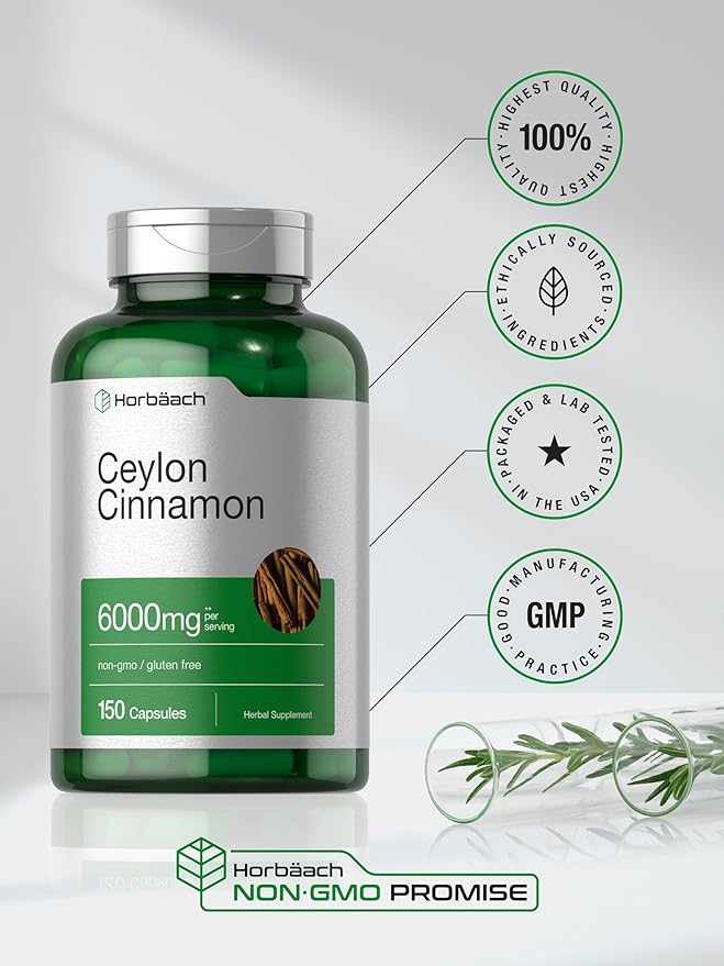Horbaach Ceylon Cinnamon Capsules | 6000 mg | 150 Count | Non-GMO & Gluten Free Supplement