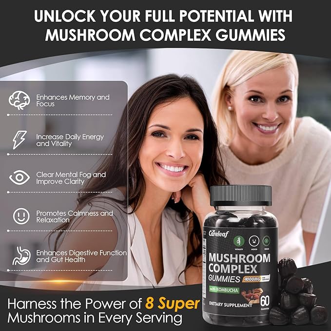 9 in 1 Mushroom Gummies with Lion's Mane for Focus and Energy Supplement to Support Immune System De-Stress Boost Mood & Energy 60 Count Kombucha Flavor