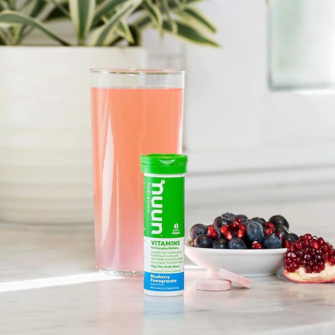 Nuun Hydration Vitamins Electrolyte Tablets, Blueberry Pomegranate, 5 Essential Electrolytes for Hydration + Vitamin A, B6, C, D, E, with Magnesium, Vegan, Non-GMO, 8 Pack (96'Servings)