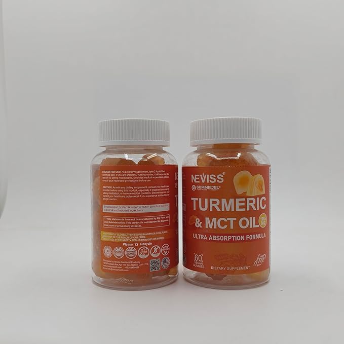 Turmeric Curcumin Gummies for Adults, with Medium Chain Triglycerides (MCT) Oil, Black Pepper Extract, Ultra Absorption, Sugar Free, 120 Gummies, 60 Servings