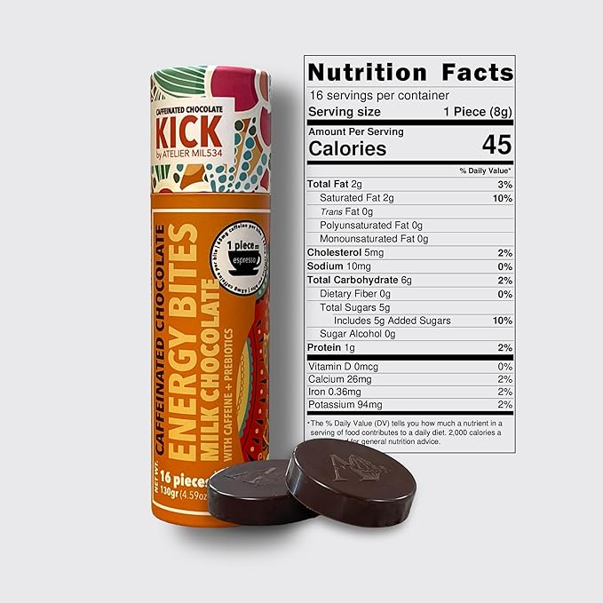 KICK Milk Chocolate Energy Bites (16 bites) - Caffeine Boost, Prebiotic Enhanced, Artisan Crafted