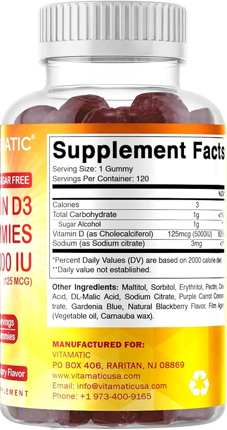 Vitamatic Sugar Free Vitamin D3 5000 IU 120 Gummies 120 Servings (5000 IU)