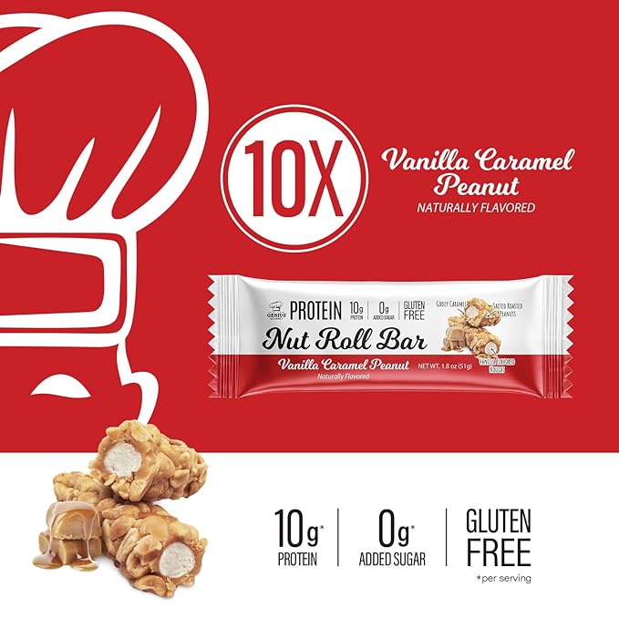 Genius Gourmet Protein Nut Roll Bars Vanilla Caramel Peanut - 10g Protein, Zero Added Sugar, Gluten Free, Non-GMO - Sweet Protein Snack & Protein Dessert for Adults and Kids - 10 Ct Box