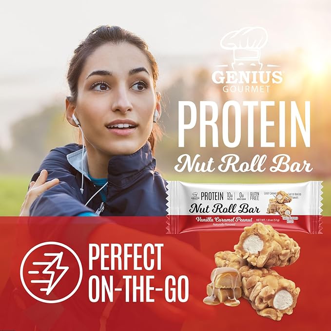 Genius Gourmet Protein Nut Roll Bars Vanilla Caramel Peanut - 10g Protein, Zero Added Sugar, Gluten Free, Non-GMO - Sweet Protein Snack & Protein Dessert for Adults and Kids - 10 Ct Box