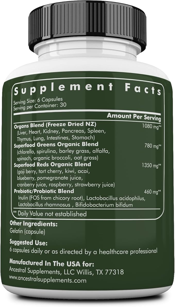 Ancestral Supplements Greens Powder Capsules, Organic 615mg Each, 180 Count