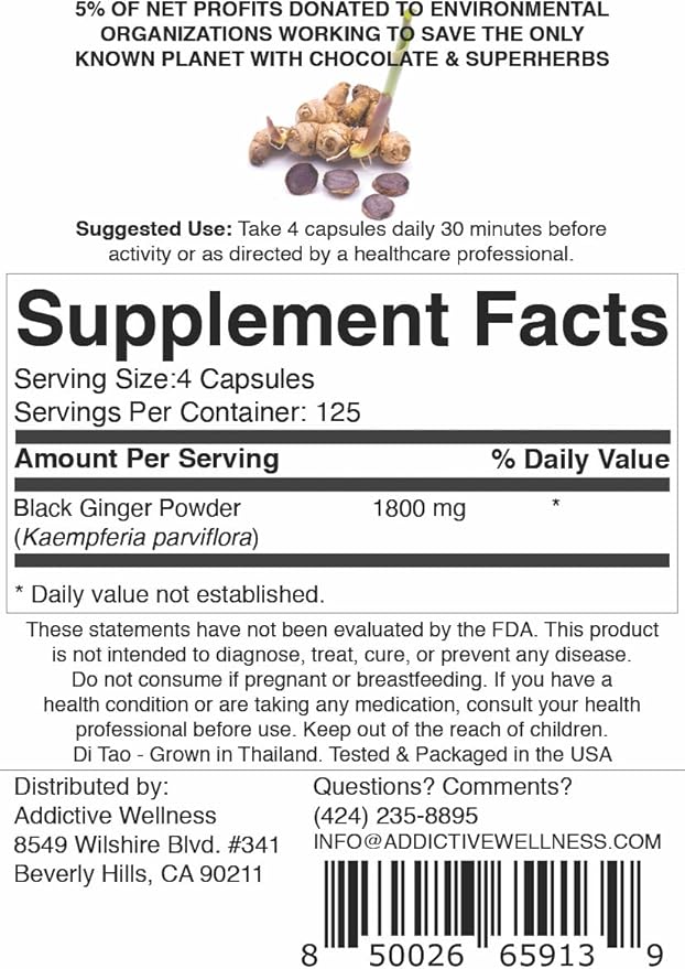 Addictive Wellness Thai Black Ginger for Men, Thai Black Ginger Supplement to Support Energy Metabolism, Endurance & Performance, Freeze Dried Black Ginger Capsules 450mg, Vegan & Paleo, 500 Count