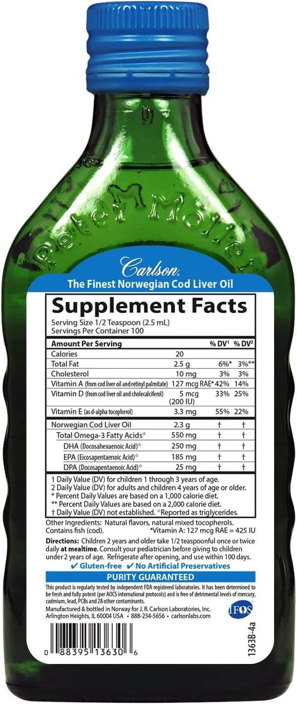Carlson - Kid's Cod Liver Oil, 550 mg Omega-3s, Vitamins D3, Wild 250 mL