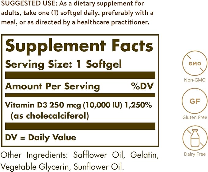 Solgar Vitamin D3 (Cholecalciferol) 250 MCG (10,000 IU), 120 Softgels 120 Servings