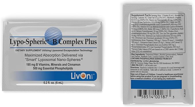 Lypo–Spheric B Complex Plus – 30 Packets – 195 mg B Vitamins, Minerals & Cinnamon Per Packet – Liposome Encapsulated for Improved Absorption – 100% Non–GMO
