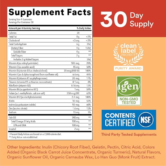 SmartyPants Kids Multivitamin Gummies and Fiber 3 Fish D3, C, B12, B6, B6, Vitamin 120 Count (30 Day