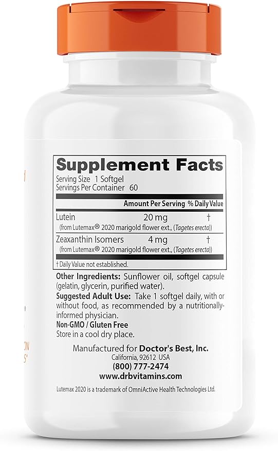 Doctor's Best Lutein featuring Lutemax, Non-GMO, 20 mg, 60 Softgels