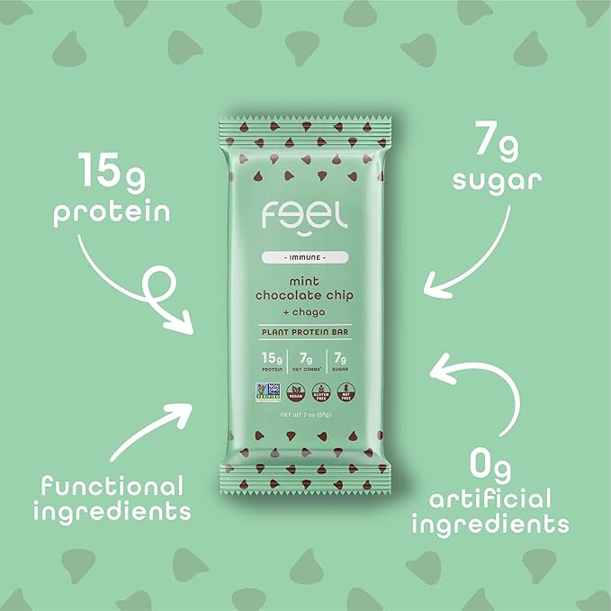 Feel Vegan Protein Bars | Mint Chocolate Chip | Keto | Gluten Free | Organic | Chaga Mushroom | 15g Plant Protein | Low Carb | High Protein | Dairy Free | Low Sugar | Grain Free | Nut Free | Soy Free