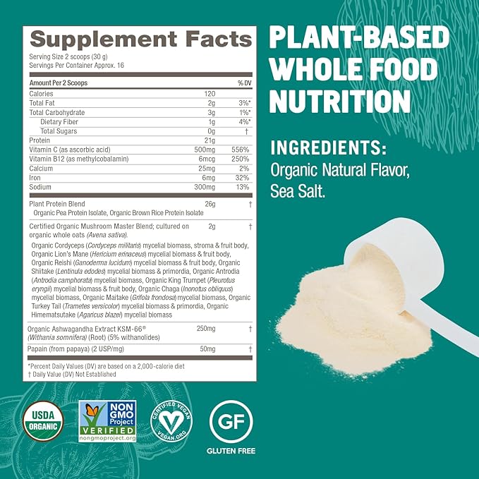 OM MUSHROOM SUPERFOOD Master Blend Mushroom Plant-Based Protein, 17.07 oz, 16 Servings Unsweetened Original