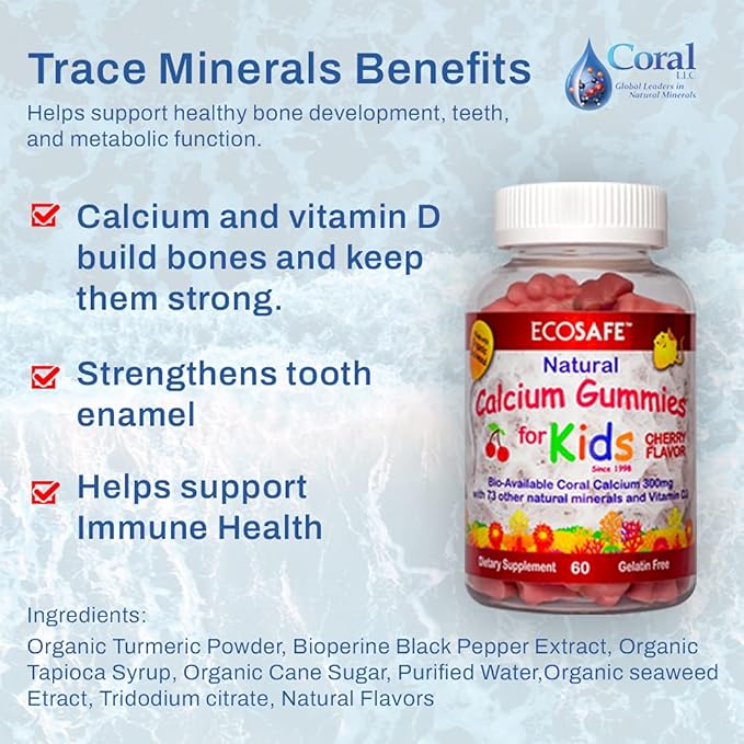 Coral Calcium Vitamin D3 Kids Gummy, Natural Cherry Flavor, Non GMO, Gluten-Free, Dairy-Free, Soy-Free and Gelatin Free - 300 mg of Calcium, and 800 IU of Vitamin D3-60 Gummies (2 Pack)