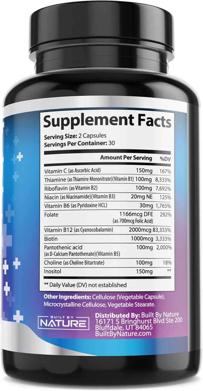 Vitamin B Complex B1, B2, B2, B3, B3, B5, B5, B6, B6, B7, B7, B9, B9, B12, B12, Folic B-100 Supplement 60 Capsules