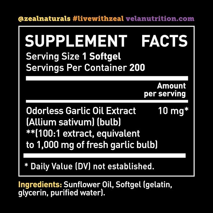 Odorless Garlic Supplement 1,000 mg 3rd Party 200 Capsules
